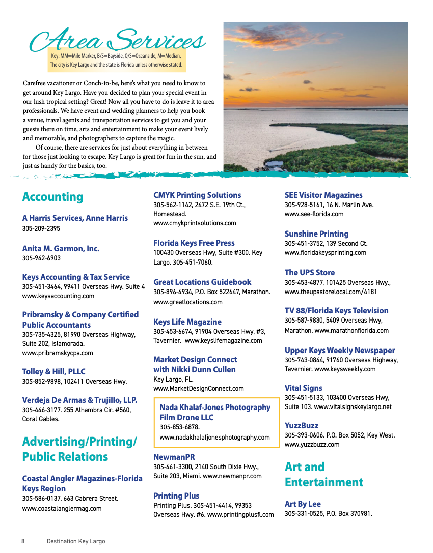 Business directory page showing contact information and service listings in blue and white columns.