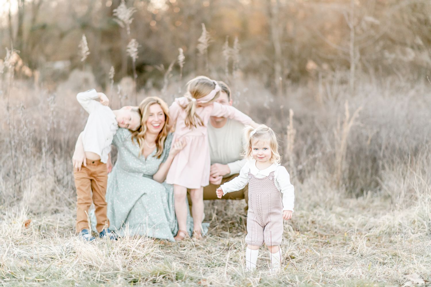 Toddler girl walks ahead of her family in a field at sunset