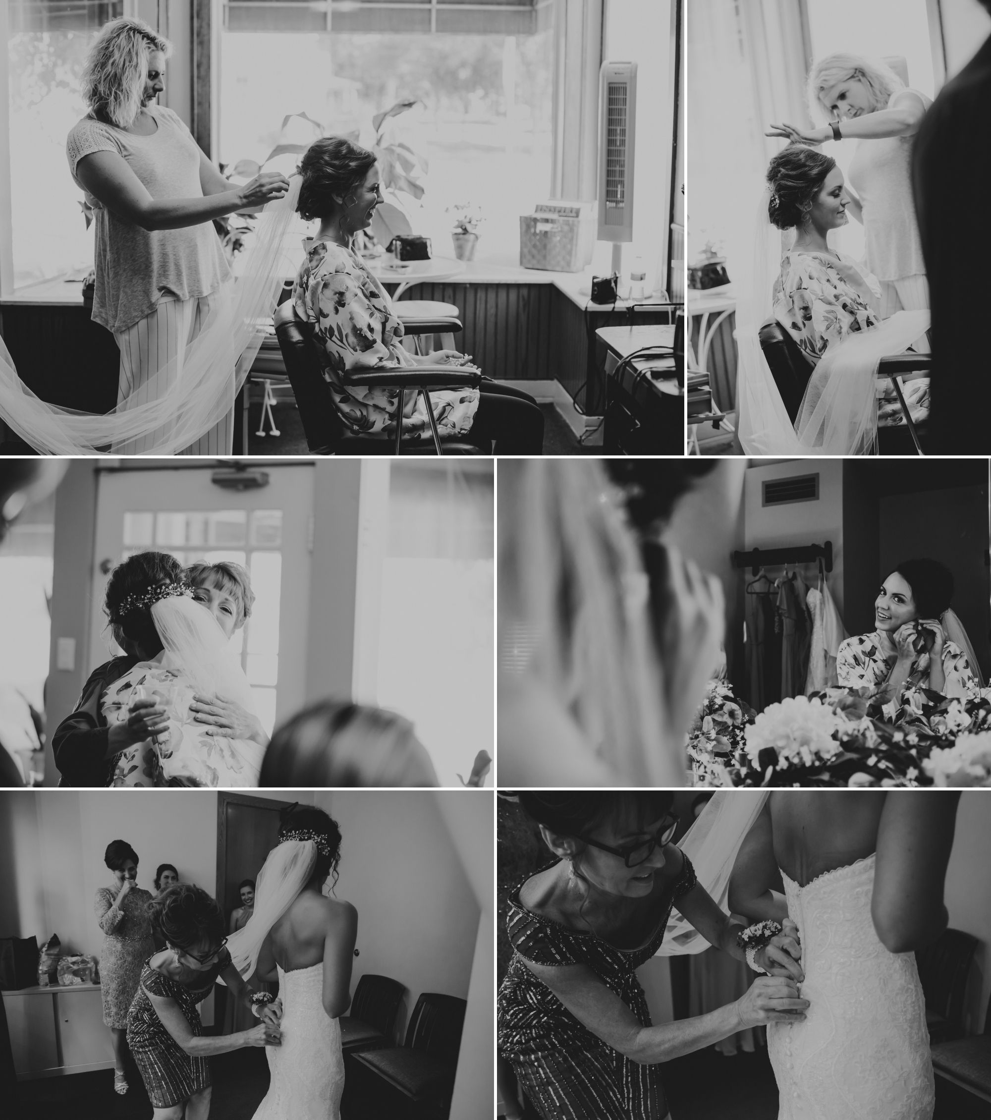 Black and white collage of the bride getting ready.