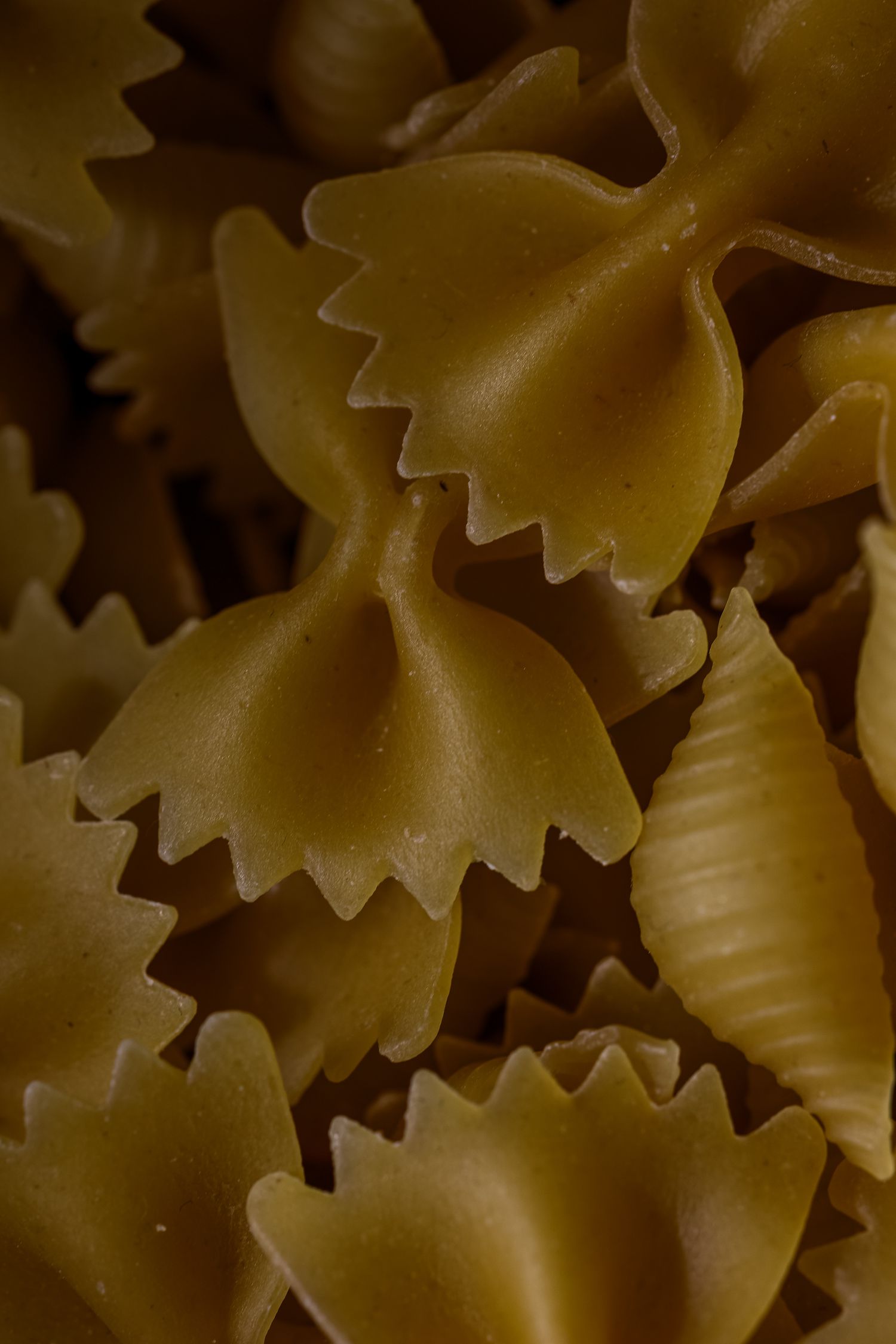 A macro close-up photograph of uncooked farfalle pasta shapes showing their distinctive bow-tie or butterfly pattern.
