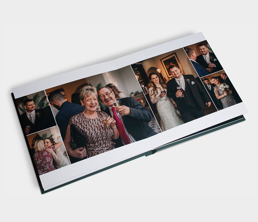 Wedding album spread showing candid moments of guests enjoying the celebration at an elegant reception.