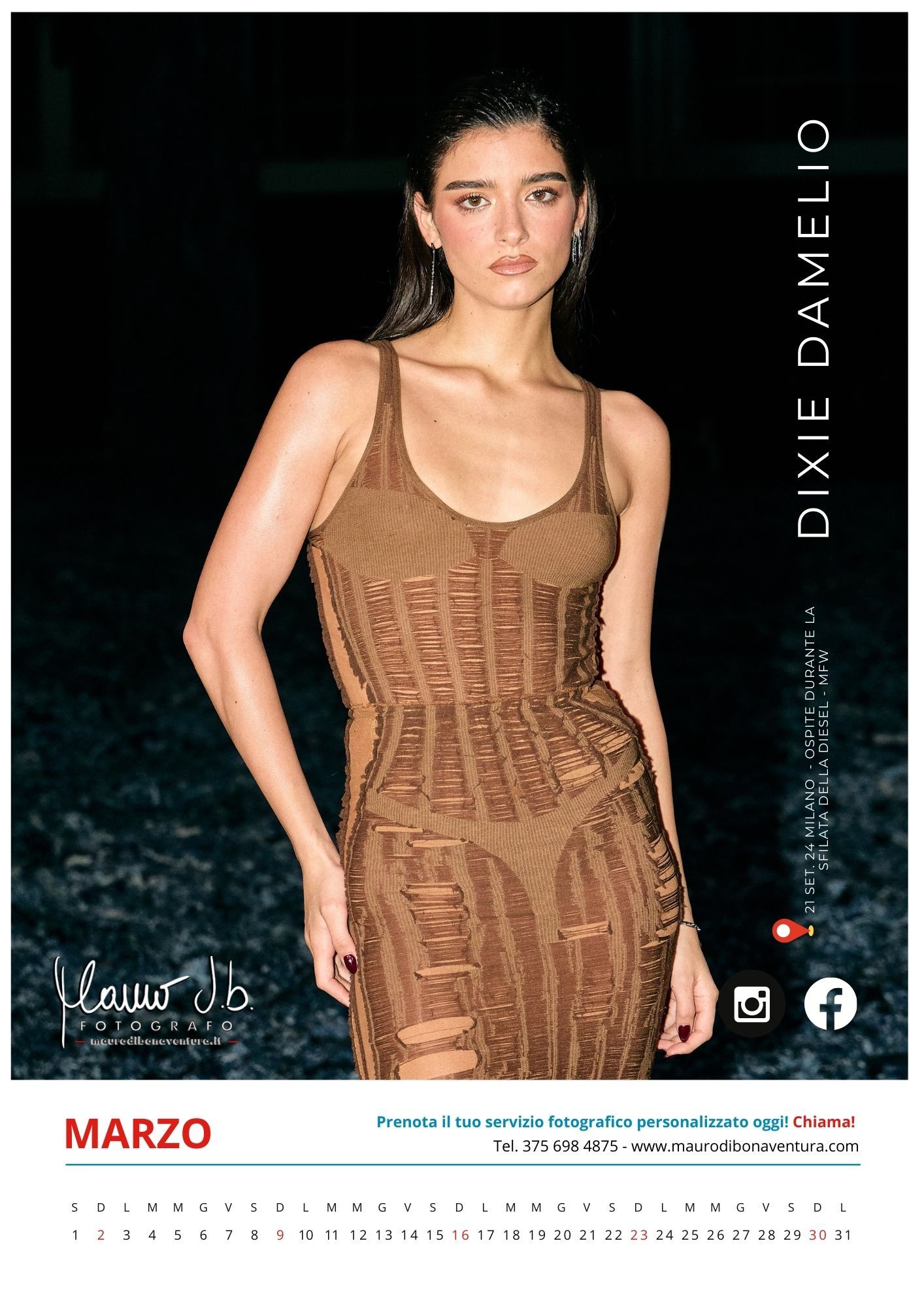Model in brown fitted dress poses against dark background for March fashion calendar.