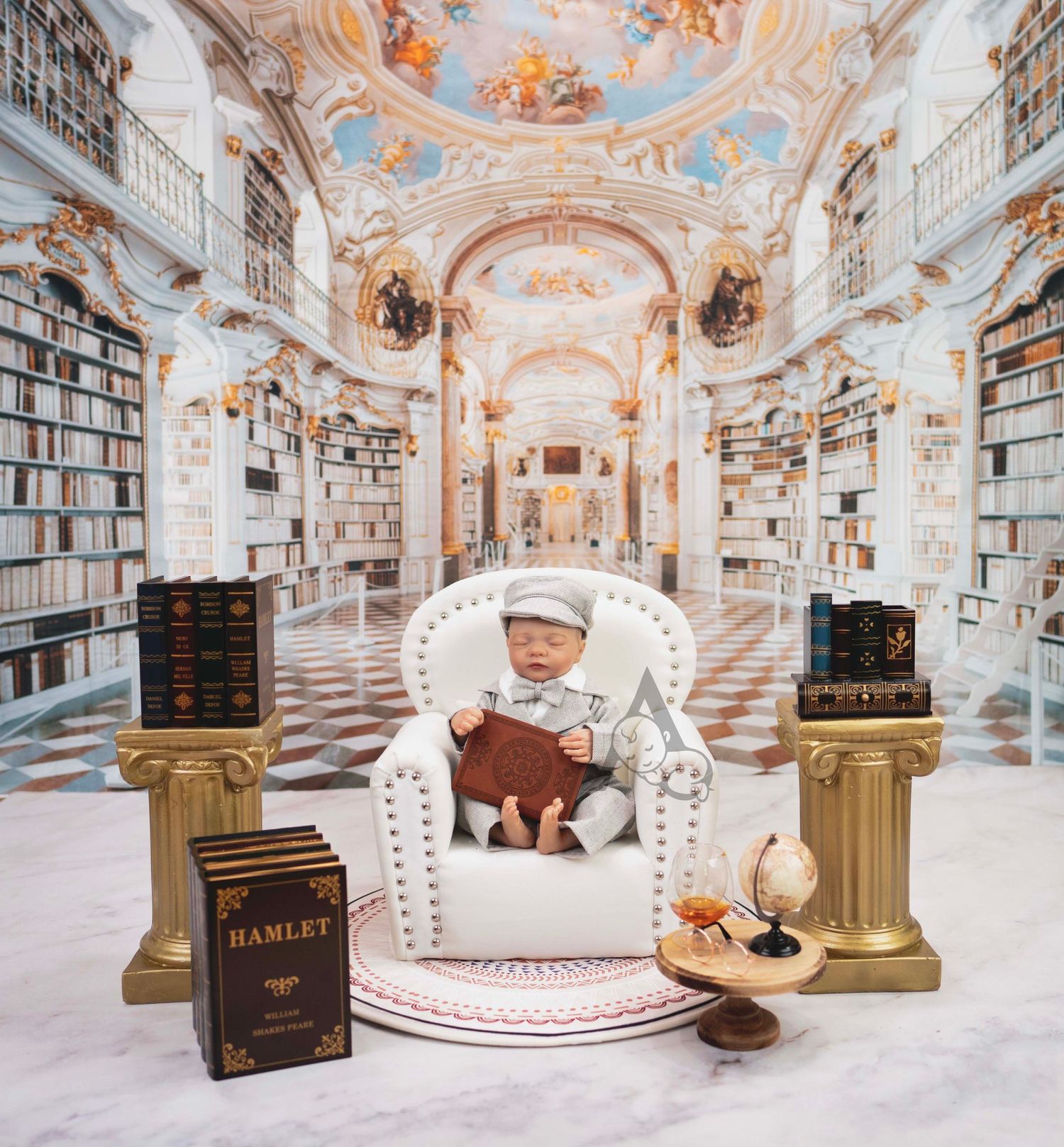 Ornate library interior with baroque ceiling, white bookshelves, and classic chair setup.
