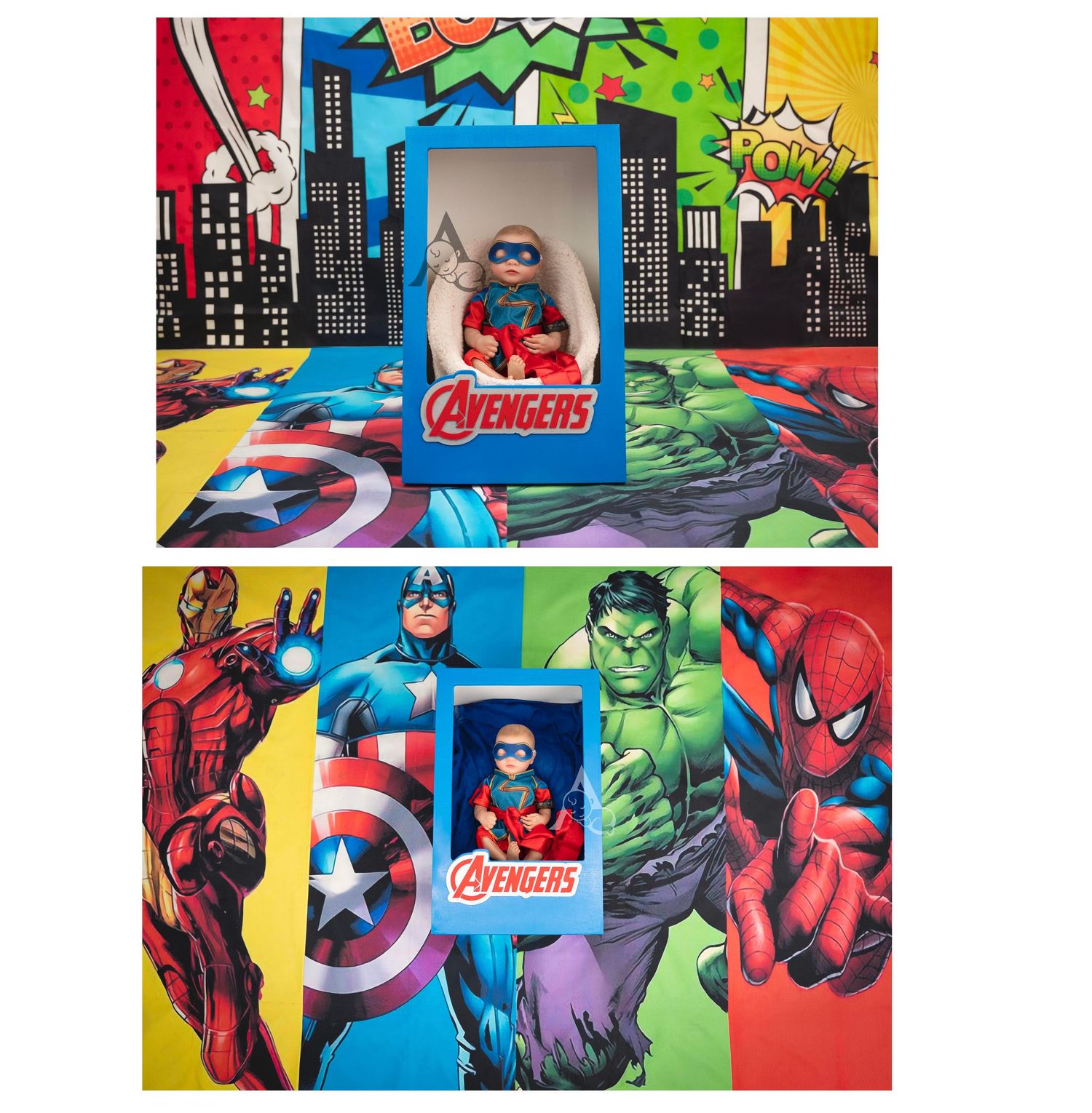 Superhero themed photo collage with Avengers characters and comic book style cityscape backgrounds.