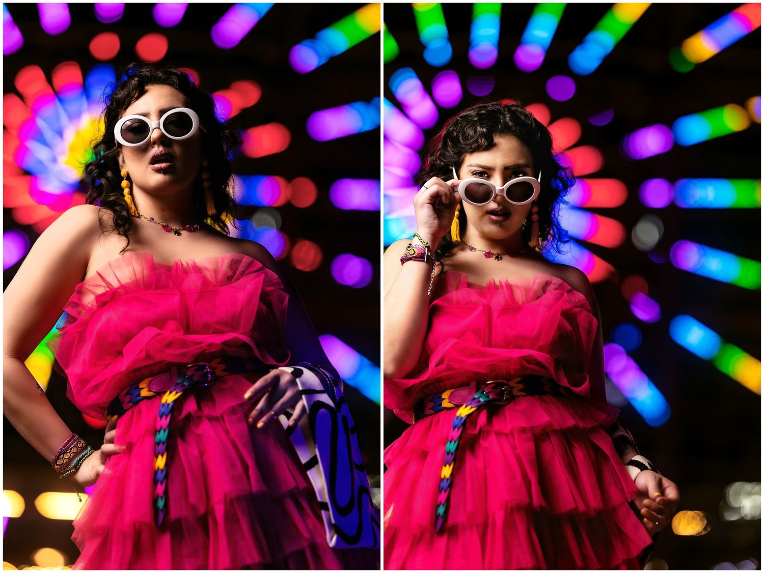 Vibrant pink dress and sunglasses against a colorful circular bokeh background of neon lights at night.