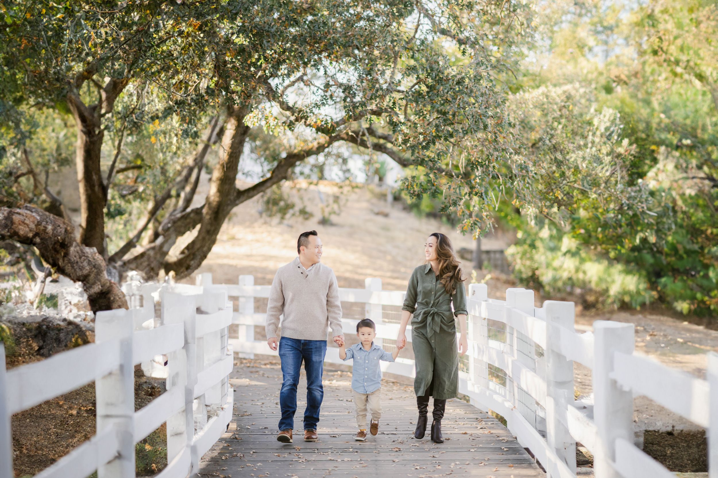 Family walking together holding hands on a wooden bridge path surrounded by green trees on a sunny day.