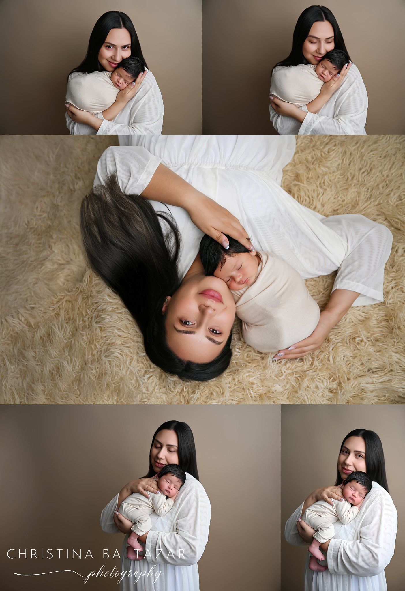 Artistic portrait collage showing a woman in white against warm beige backgrounds in various relaxed poses with her newborn boy in Hanford