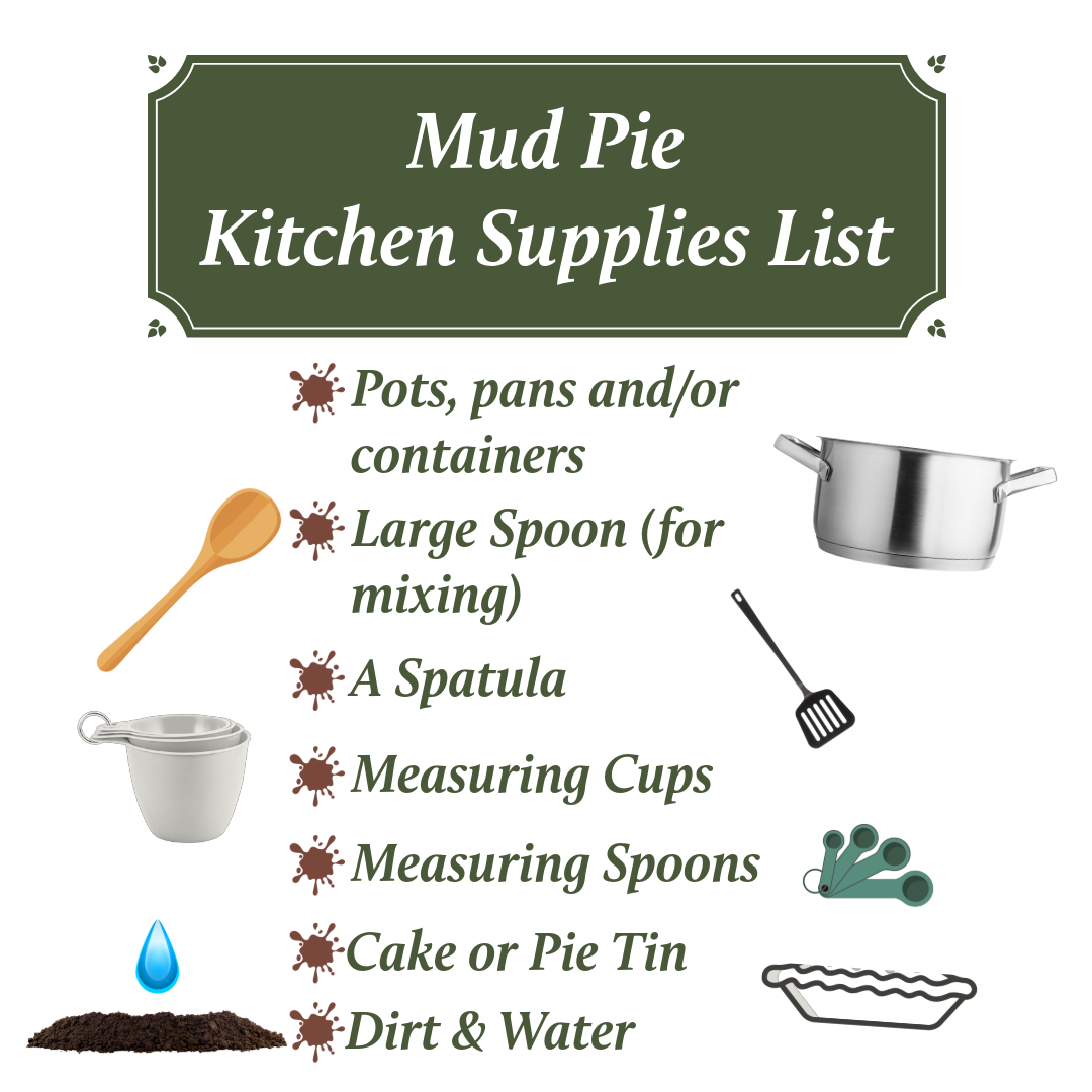A kitchen supplies checklist titled 'Mud Pie' with illustrated cooking tools including pans, spoons, and measuring equipment.