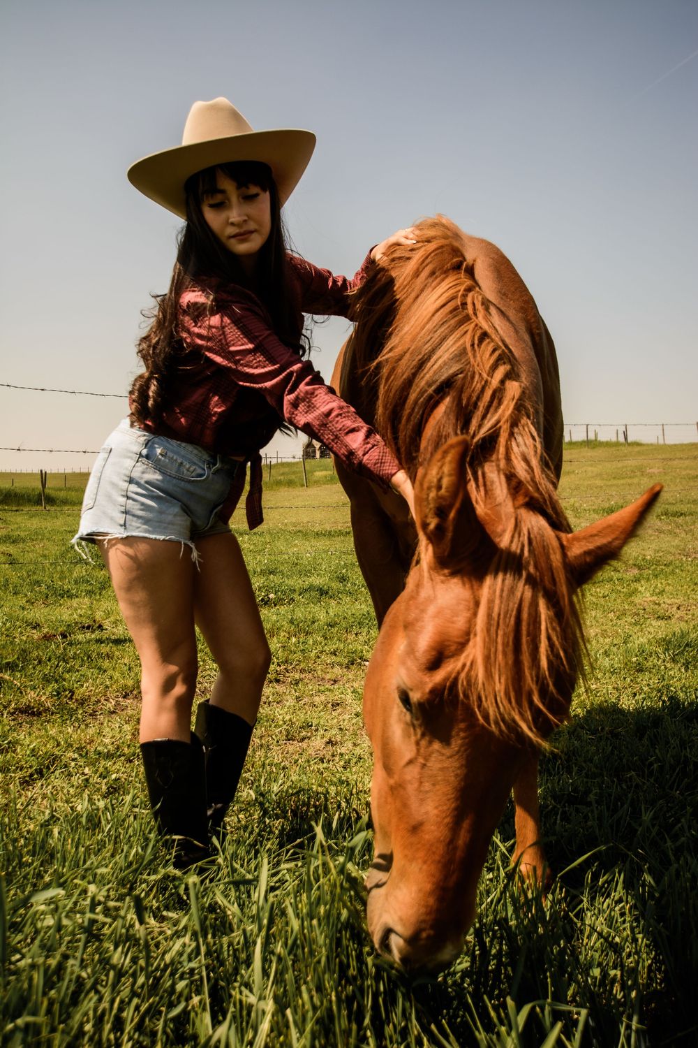 Cowgirl in denim shorts and leather boots pets a chestnut horse in a sunny pasture.