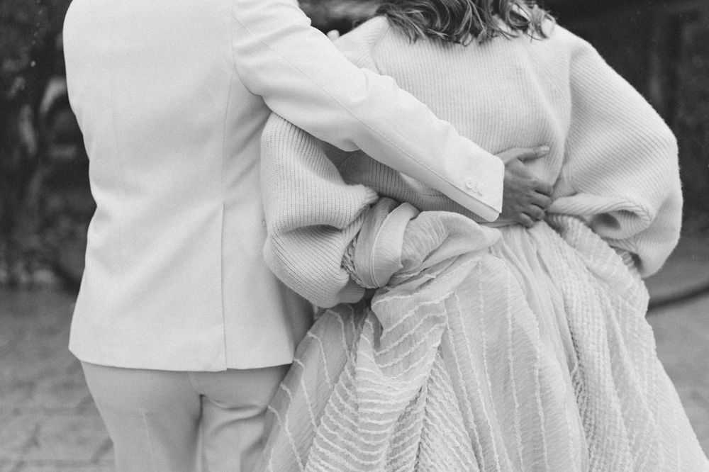A black and white photo series showing intimate moments of a newly wed couple at villa parker