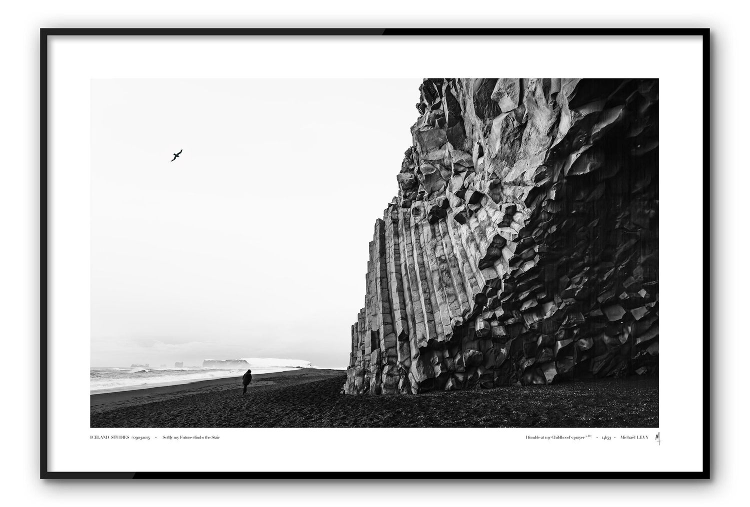 A series of minimalist black and white landscape photographs showing curved coastlines and ocean waves from an aerial view.