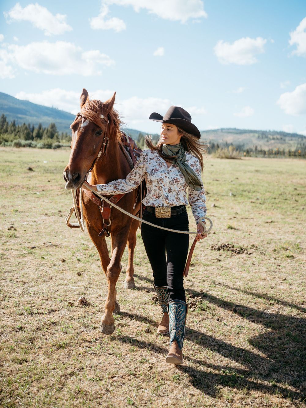 A brown horse and rider in western wear walking across a sunny mountain meadow on a clear day.