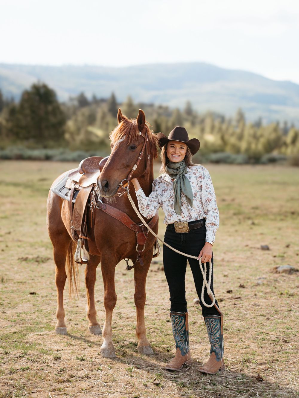 A chestnut horse stands in a scenic mountain field equipped with ornate Western riding tack.