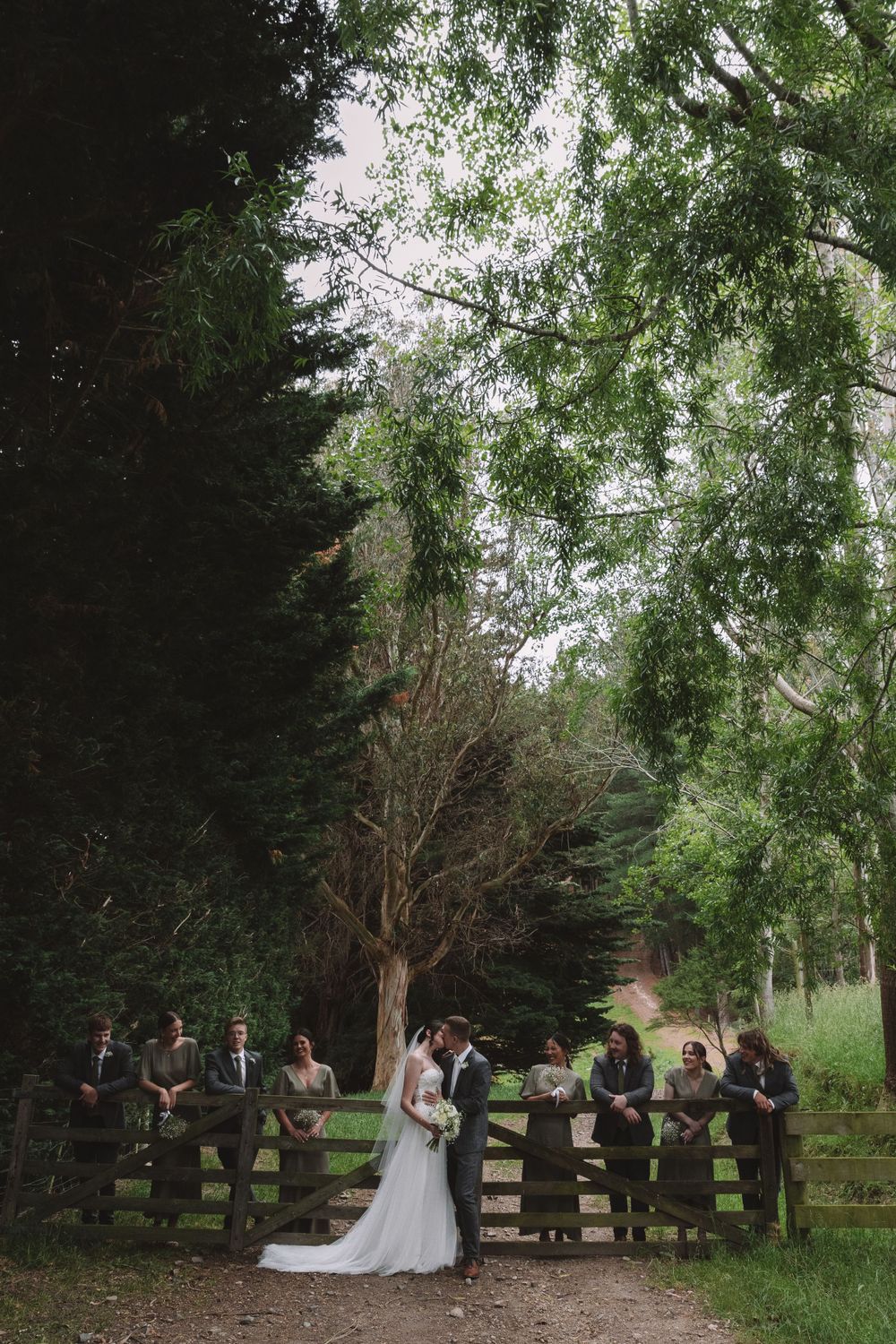 Wedding party stands along a rustic wooden fence surrounded by lush trees in a natural woodland setting.