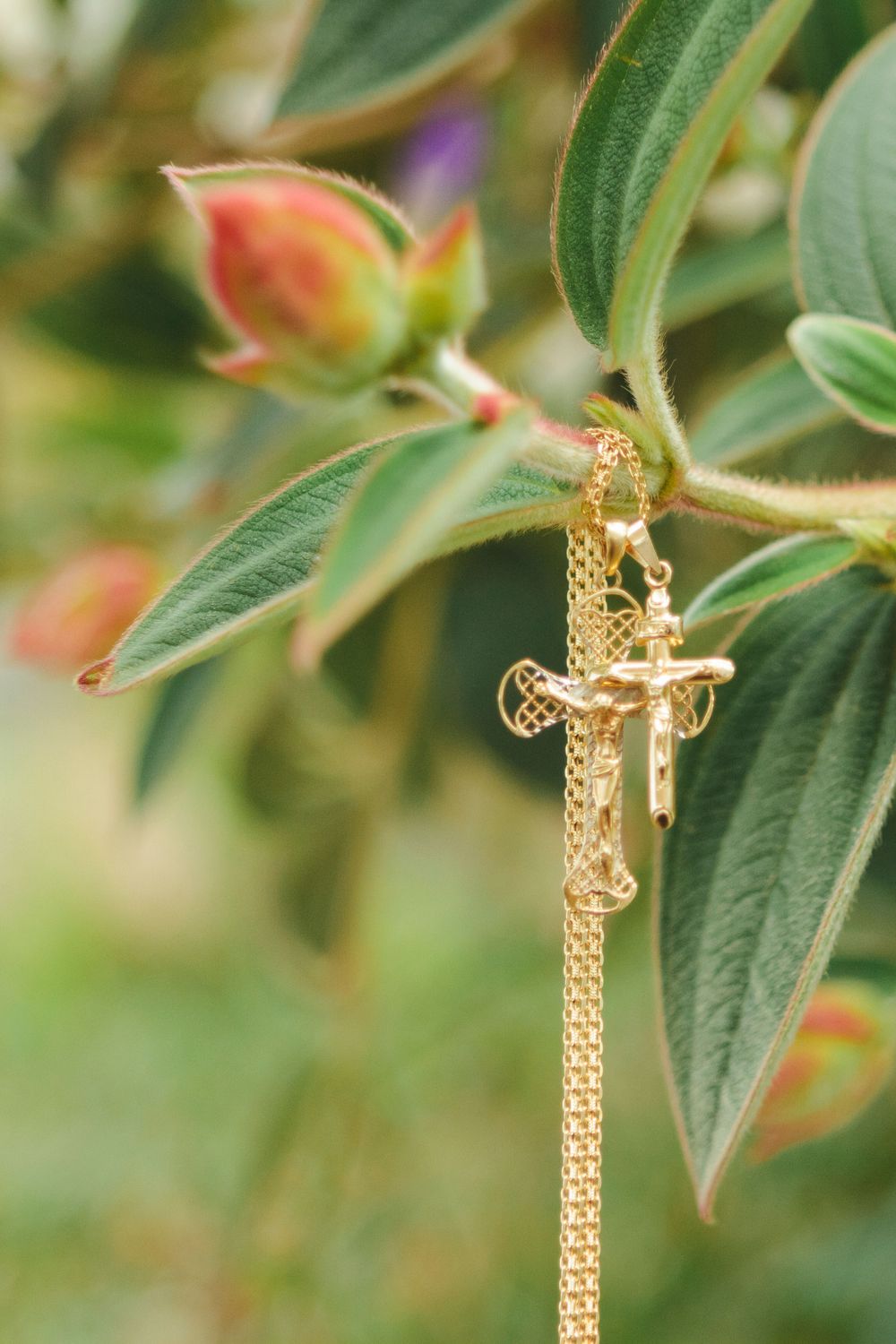 Cross medal and chain hanging on a plant by NYC family photographer Paula Ortiz.
