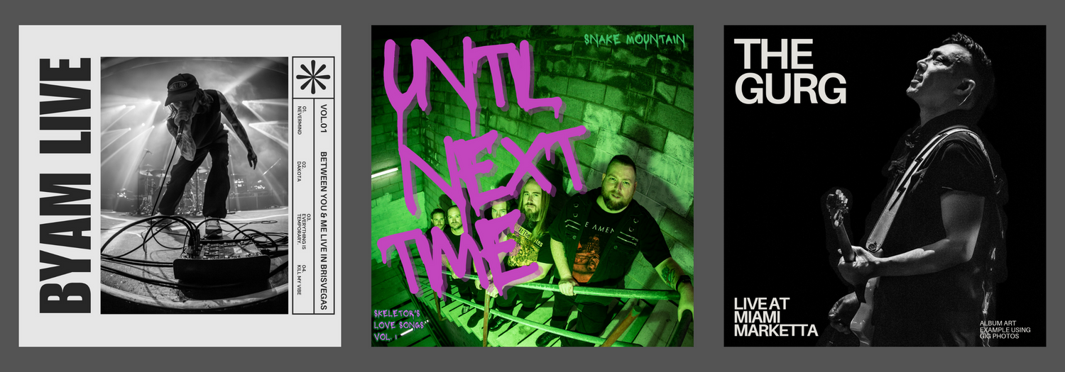 Examples of album art mock-ups from live music photography and promotional shoots