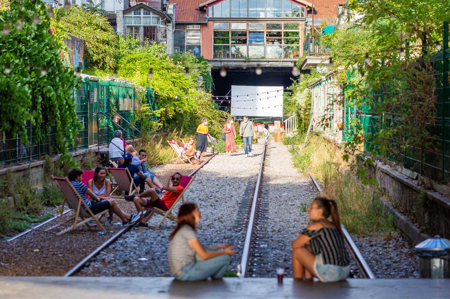 People and dogs relax on train tracks surrounded by greenery in an urban setting.