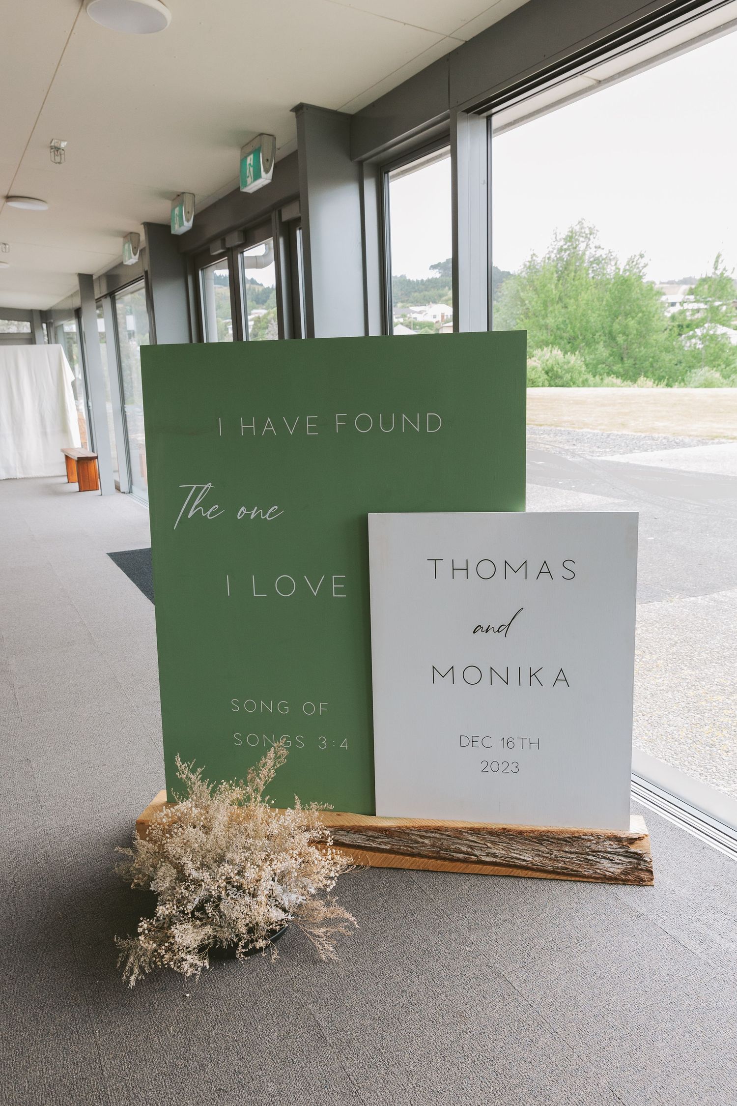 Wedding signage displaying 'I have found the one I love' with couple's names and date.