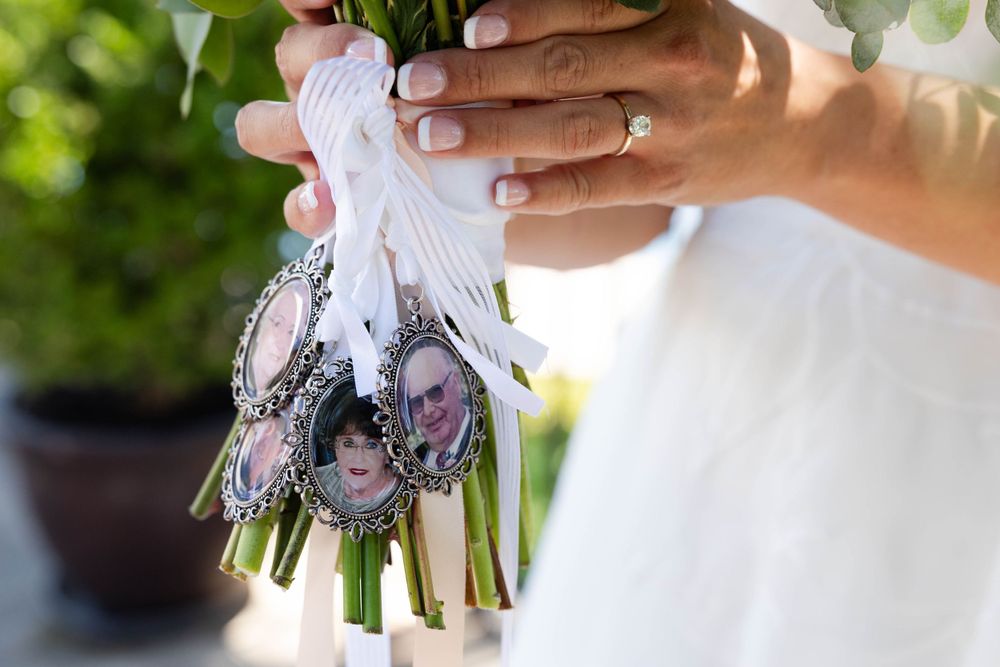 Bride's bouquet with memory charms Lakeside Pavilion Chico, California