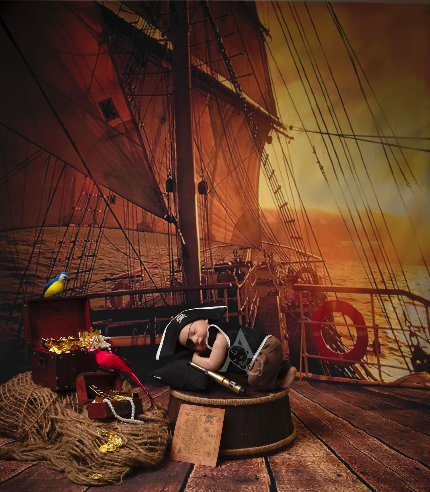 Vintage pirate ship deck scene with dramatic lighting and nautical elements at sunset.