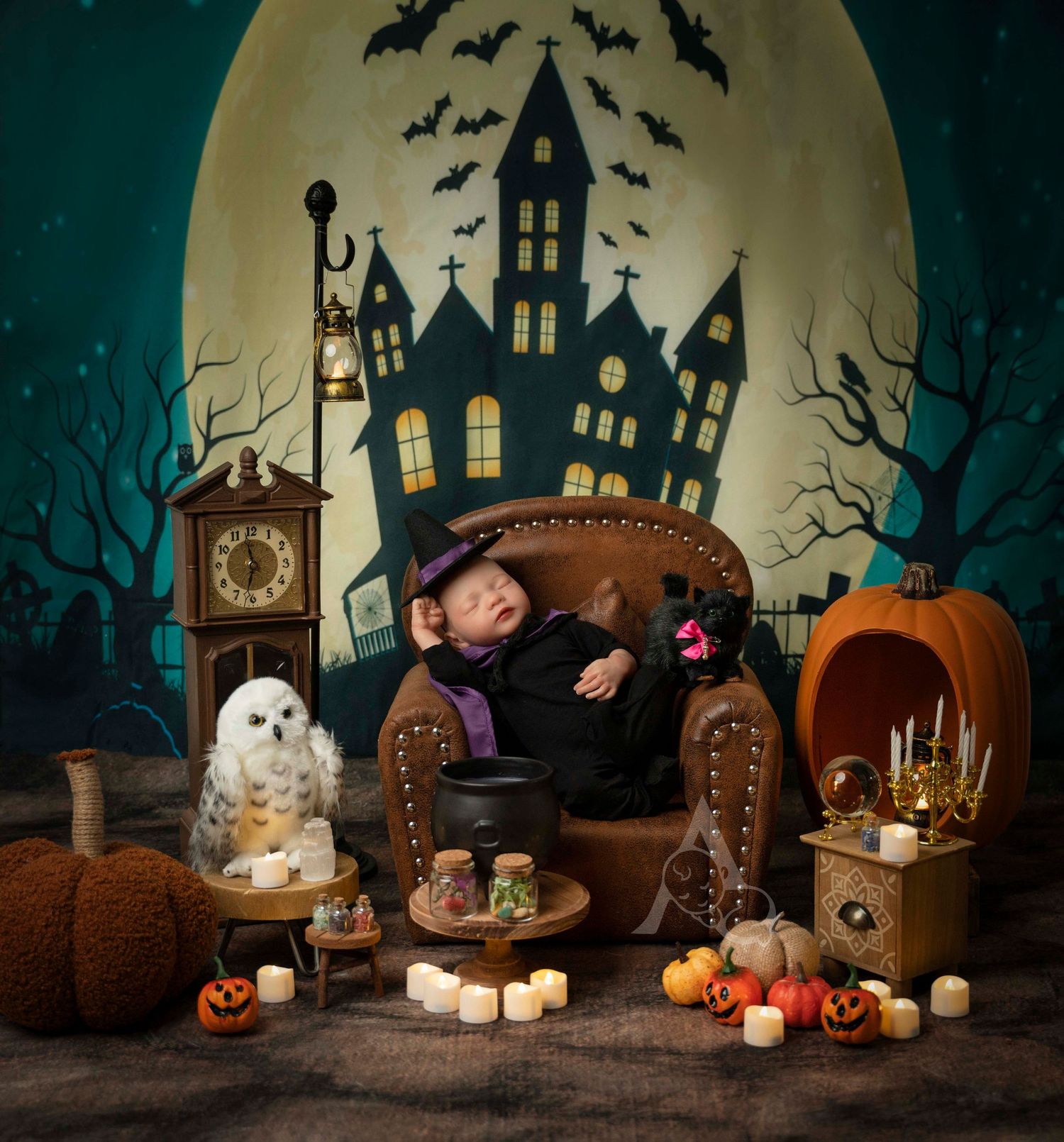 Halloween themed setup with spooky mansion silhouette, pumpkins, owl, and candlelit decorations.
