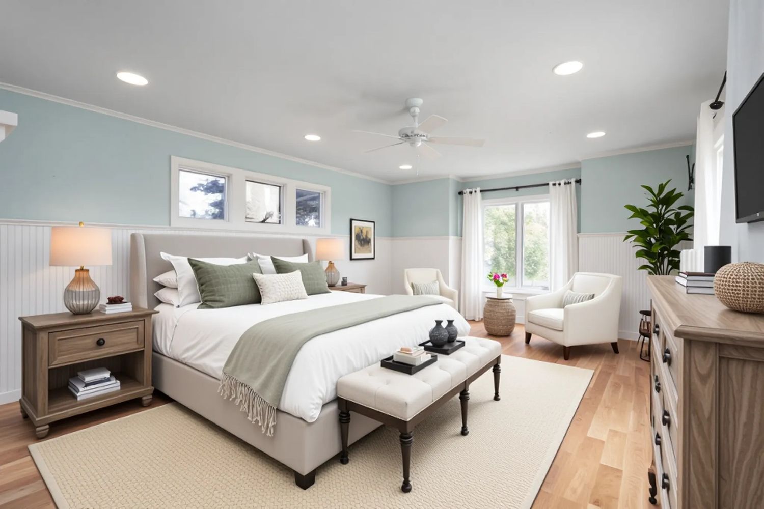 Virtually staged primary bedroom with king bed, luxury decor, wood floors, light blue walls, and bright natural light from large windows.