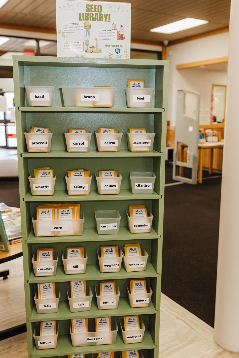 Organized seed library display with labeled storage bins arranged on green wooden shelving at the Lebanon Community Library.