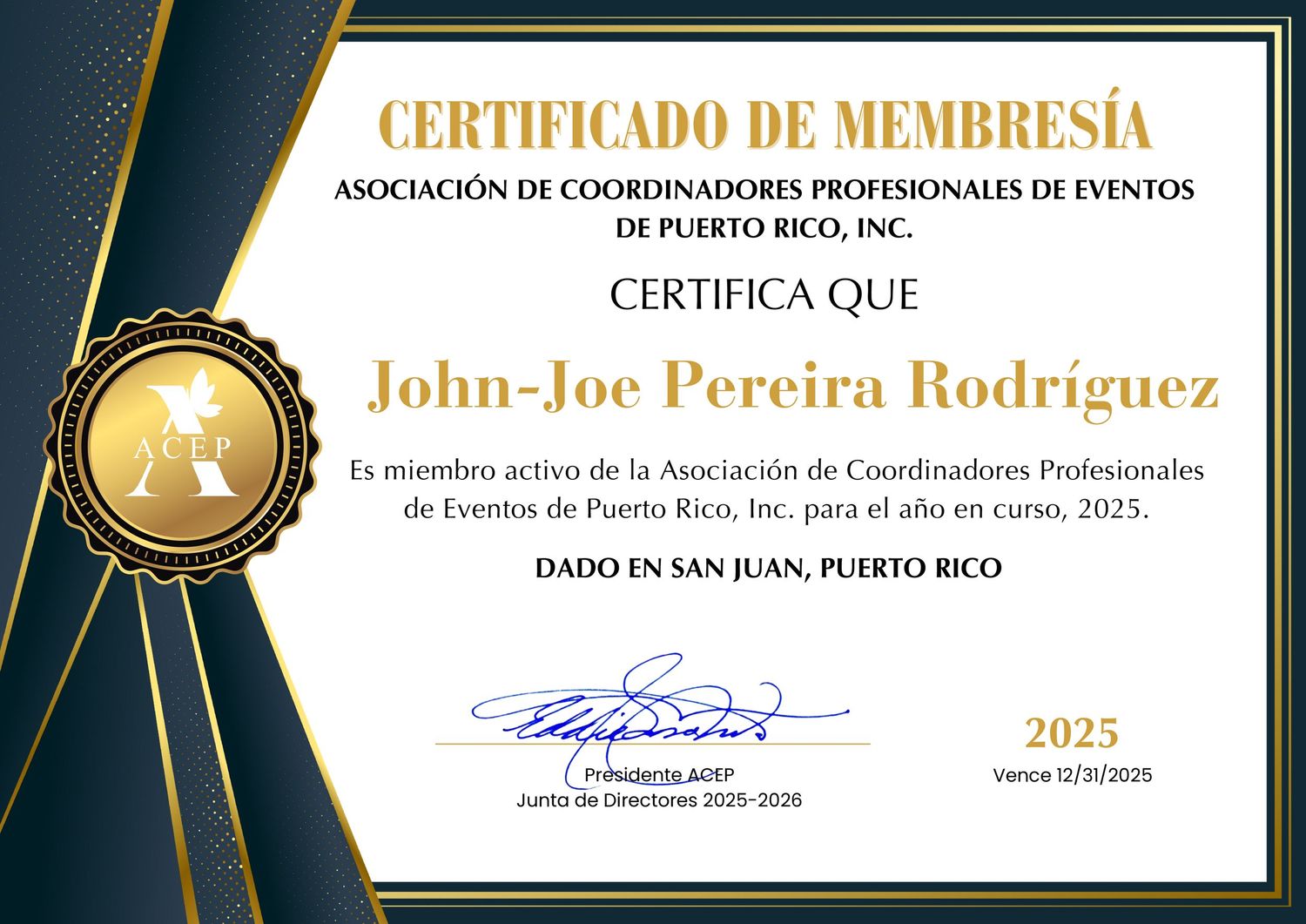 A formal gold and navy blue membership certificate with a decorative seal and signature at the bottom.