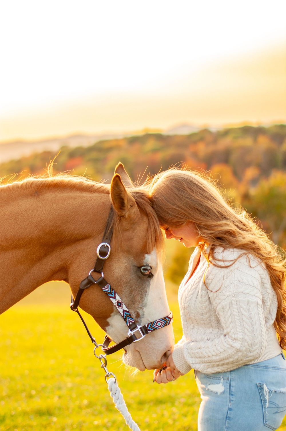 Senior session sharing a tender moment with her horse at golden sunset.