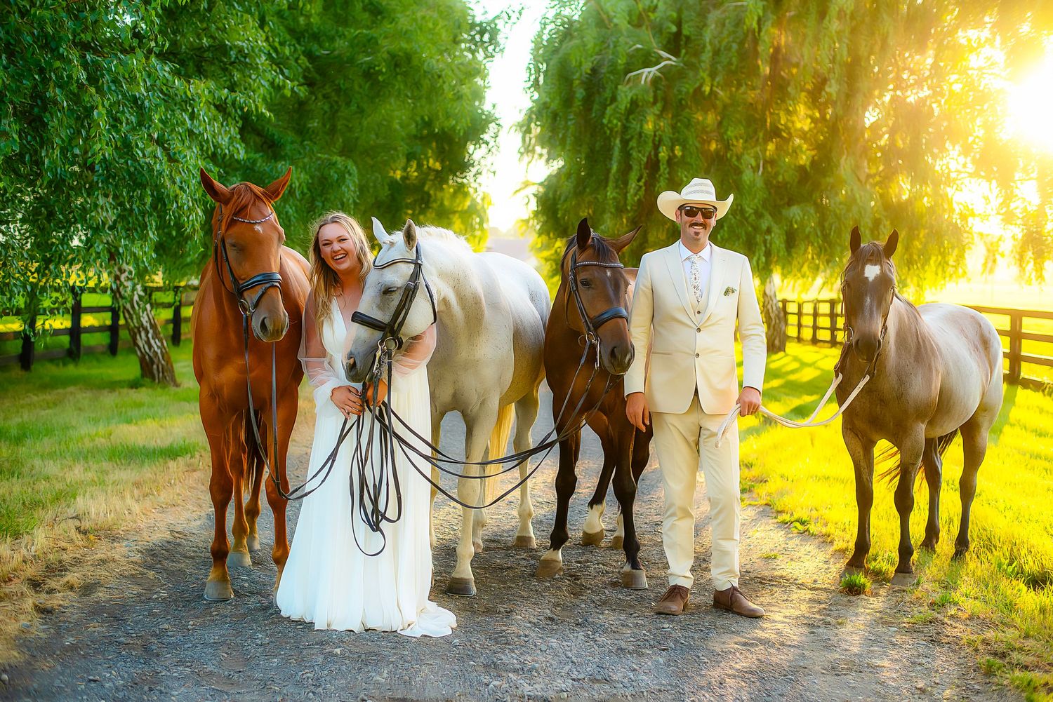 Bride and Groom posing for wedding photography with their horses on a sunny evening in Ellensburg, Washington.