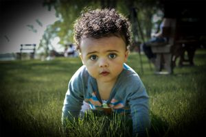A toddler in a blue sweater crawls on green grass in a park setting with soft focus bokeh background.
