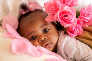 A baby laying on soft fabric surrounded by vibrant pink rose decorations and flowers.
