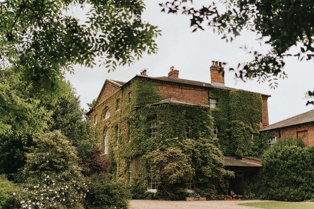 Historic brick mansion covered in lush green ivy with tall trees surrounding the architecture in late summer light.