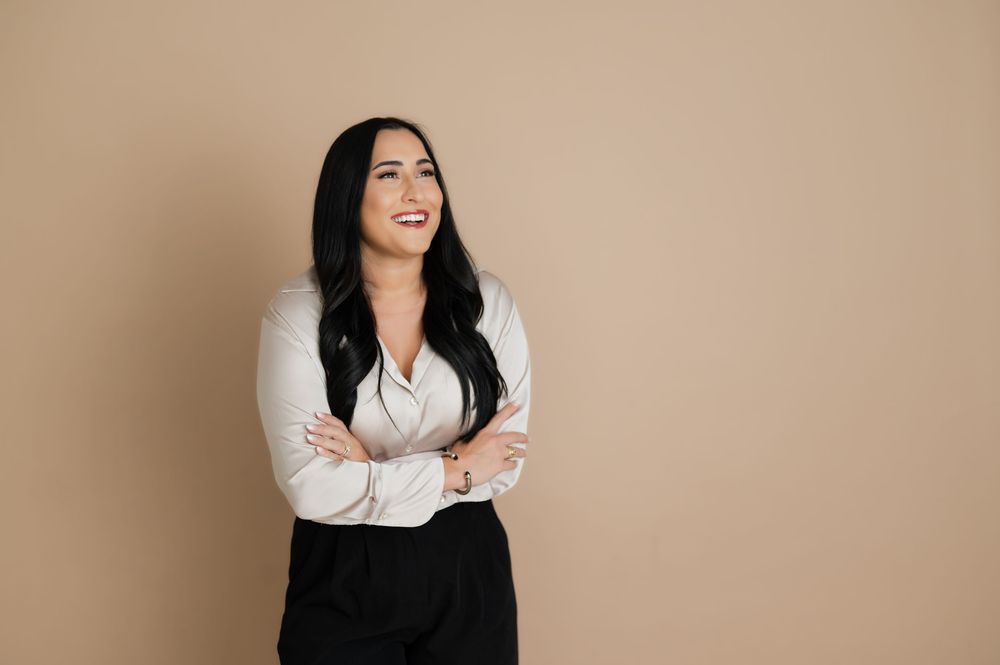 Professional lifestyle photos show a casual portrait series against a warm beige backdrop in natural lighting.