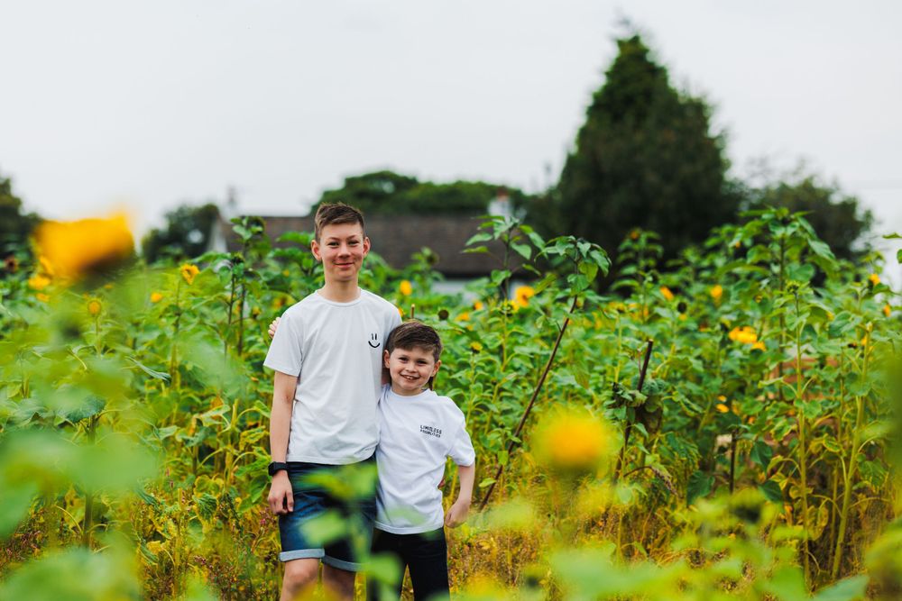 Two people standing together in a vibrant field of blooming sunflowers.