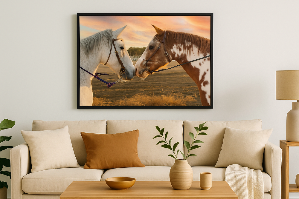 A framed photograph of two horses nuzzling each other hangs above a modern beige couch with decorative throw pillows.