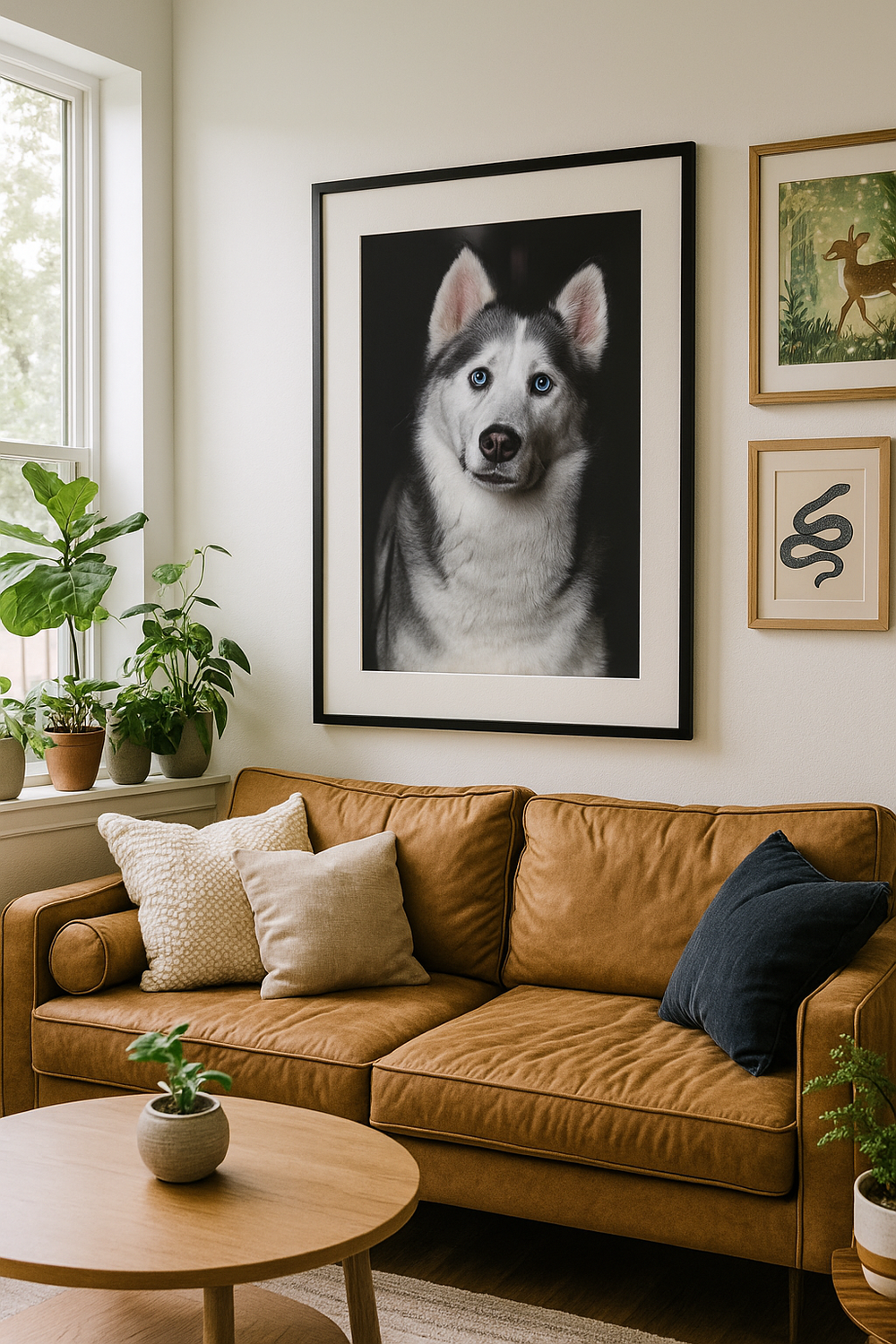 A modern living room with a tan leather couch, black and white dog portraits, and potted plants by the window.
