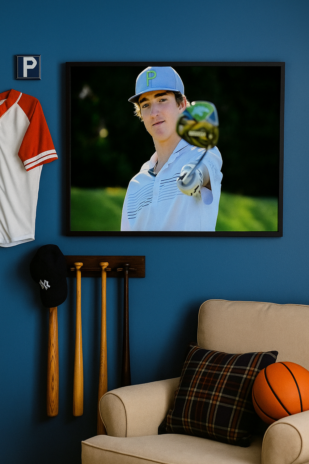 A cozy sports-themed bedroom corner with a baseball bat rack, blue walls, upholstered chair, plaid pillow and basketball.