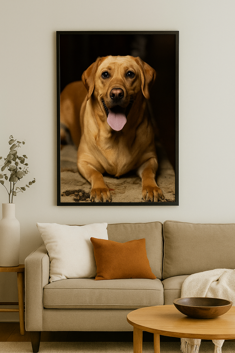 Large portrait of a smiling golden Labrador dog hanging above a modern beige sofa with orange and white throw pillows.