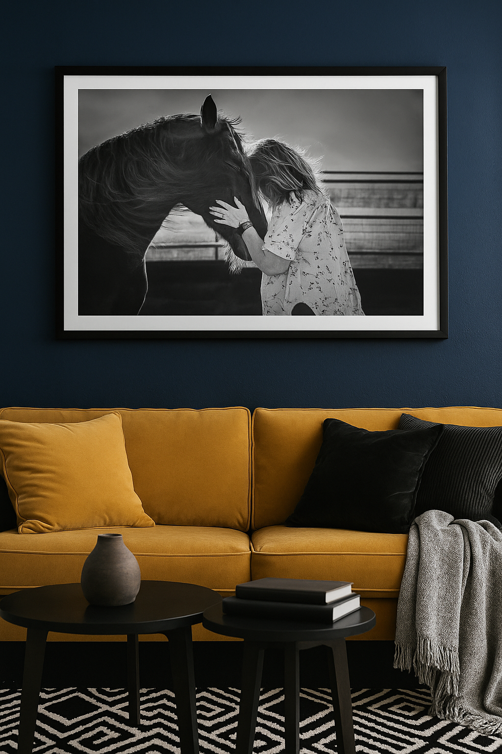 Modern living room interior with yellow sofa, black and white geometric rug, and black framed artwork on dark wall.