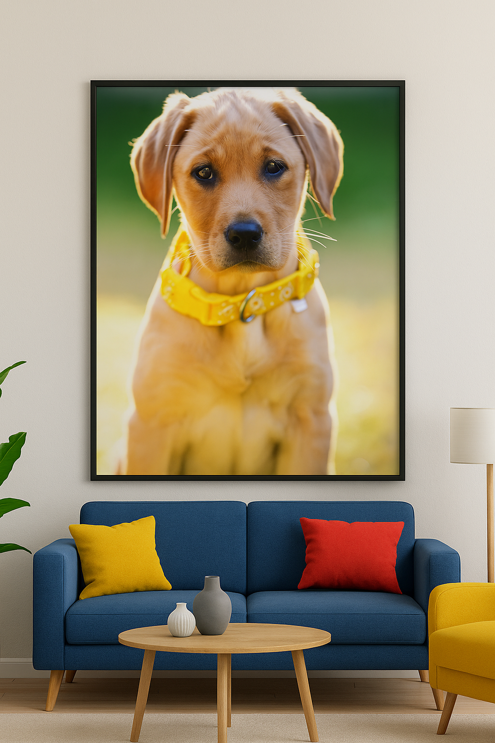 A framed portrait of a yellow Labrador puppy wearing a bright yellow collar hangs above a blue sofa with colorful pillows.