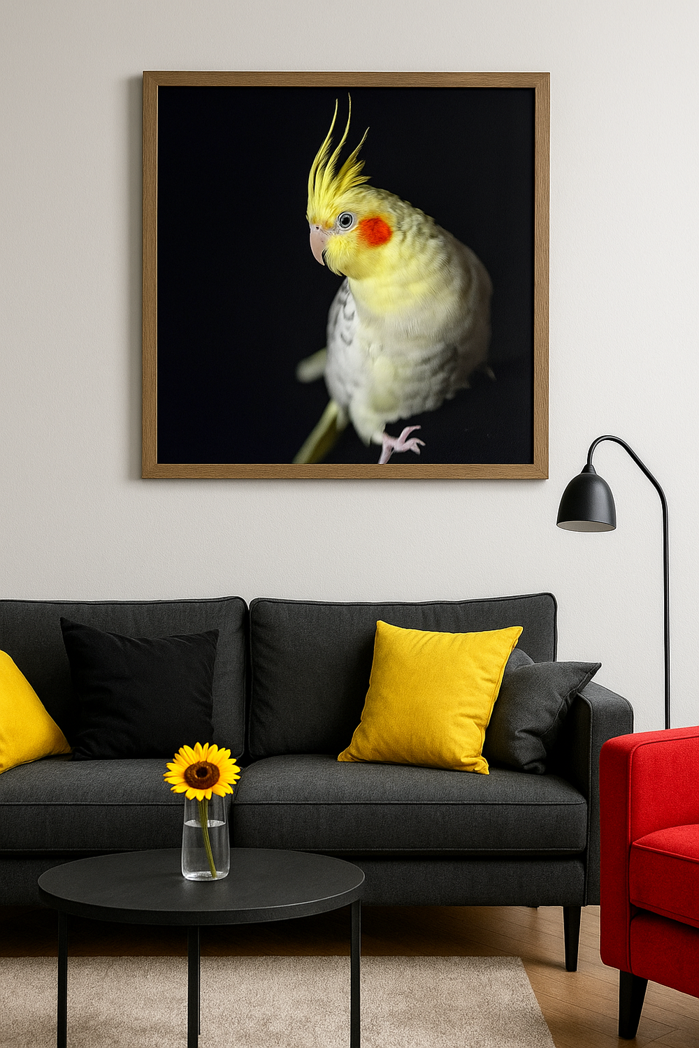 Modern living room with dark couch, yellow pillows, red armchair and large framed cockatiel bird artwork on wall.