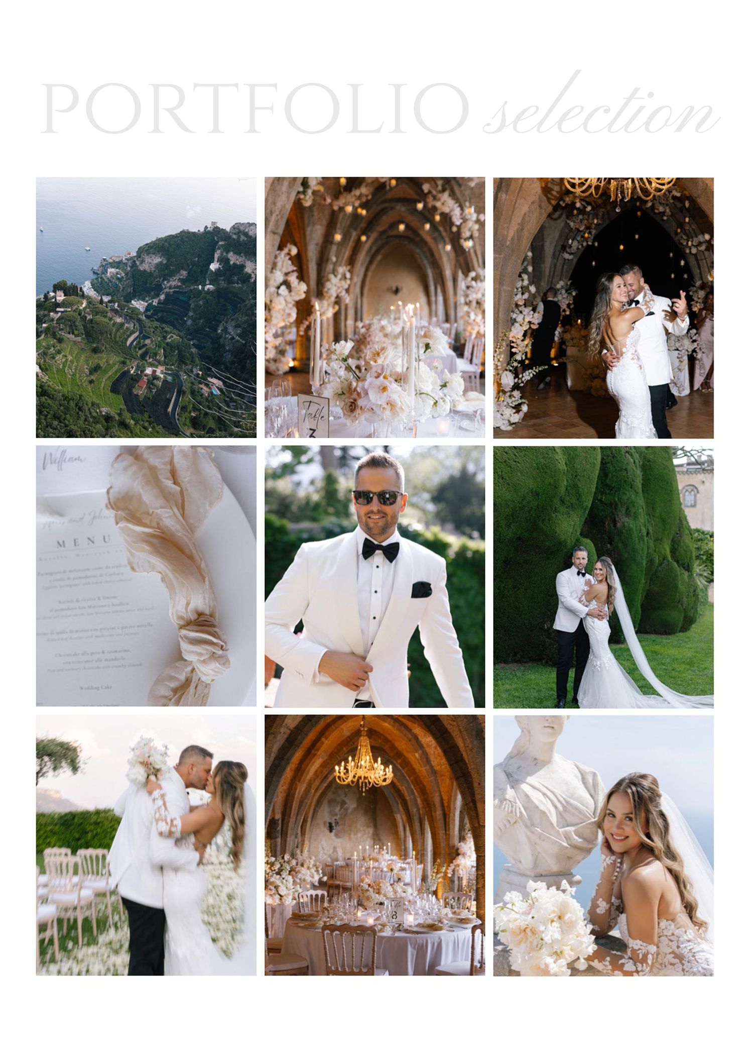Elegant wedding photo collage featuring coastal views, romantic decorations, and formal attire in white and neutral tones.