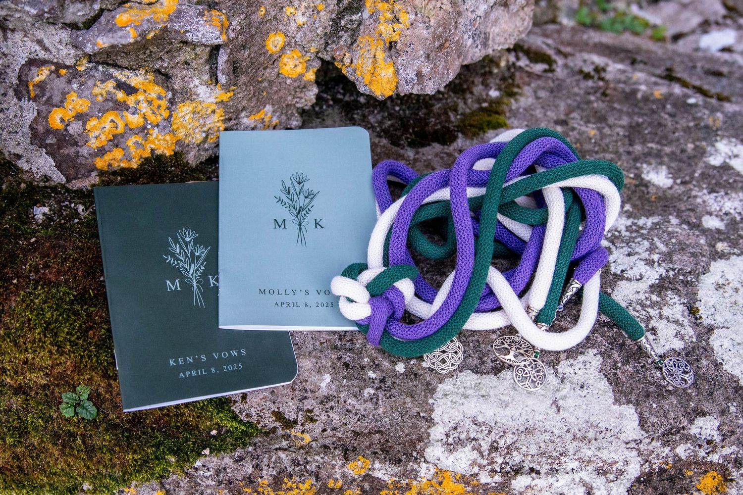 Rock climbing carabiners and safety gear displayed with black field notebooks against mossy stone surface.
