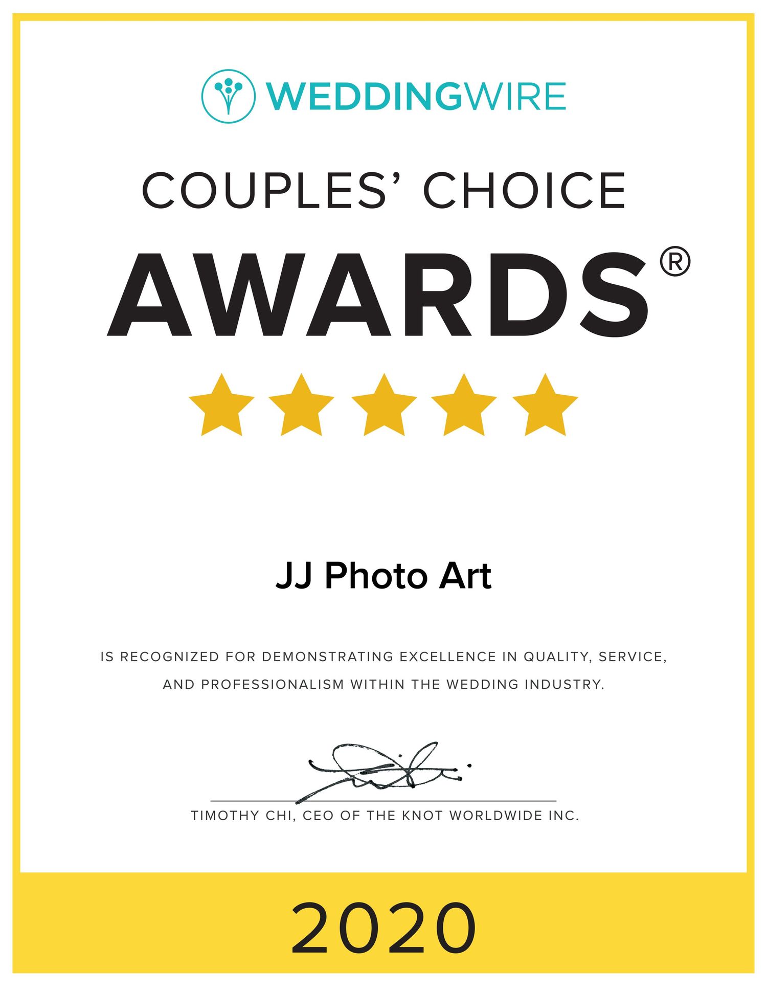 A WeddingWire Couples Choice Awards 2020 certificate showing five gold stars earned by JJ Photo Art.