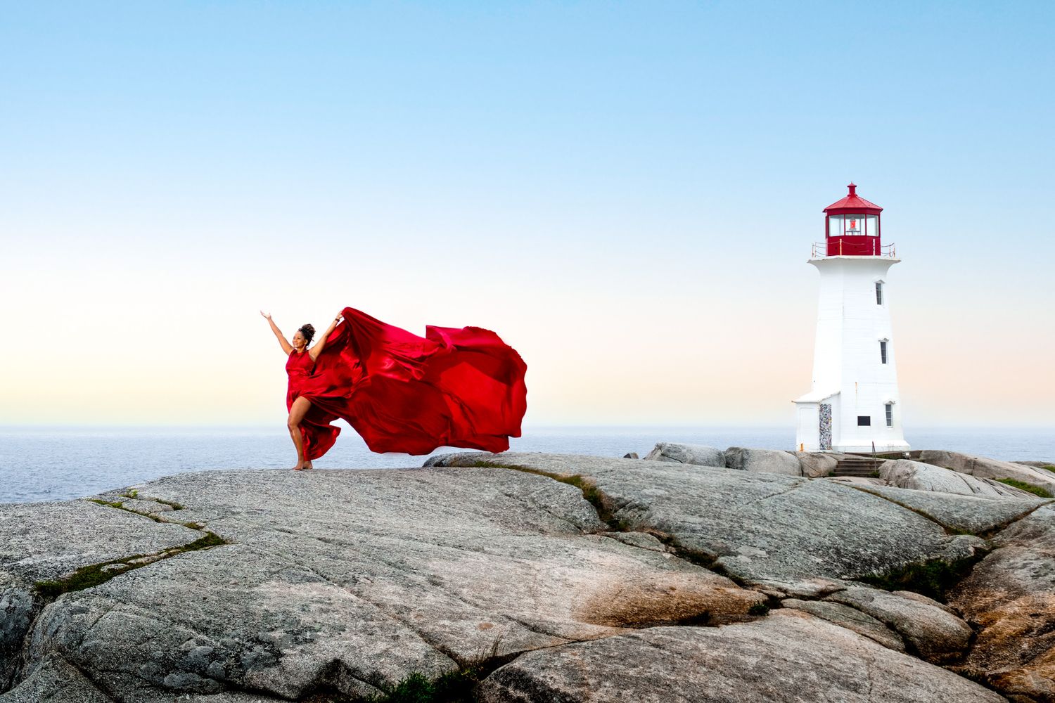 Celebrating Life with a Flying Dress Shoot Peggy's Cove, outside Halifax