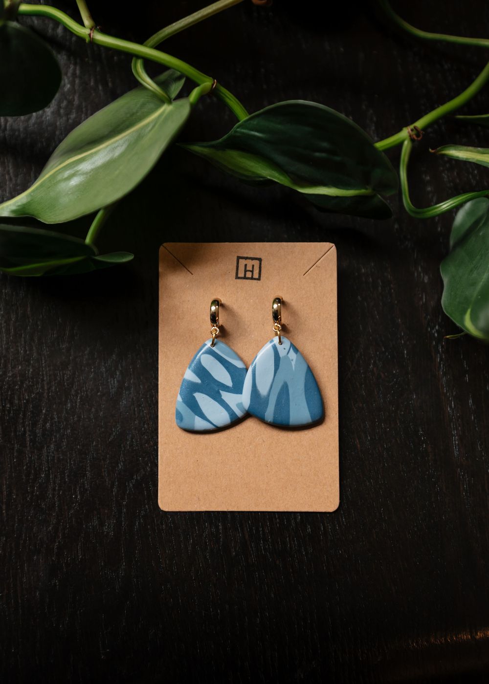 Light blue geometric patterned earrings displayed on brown cardboard packaging with green plant leaves in background.