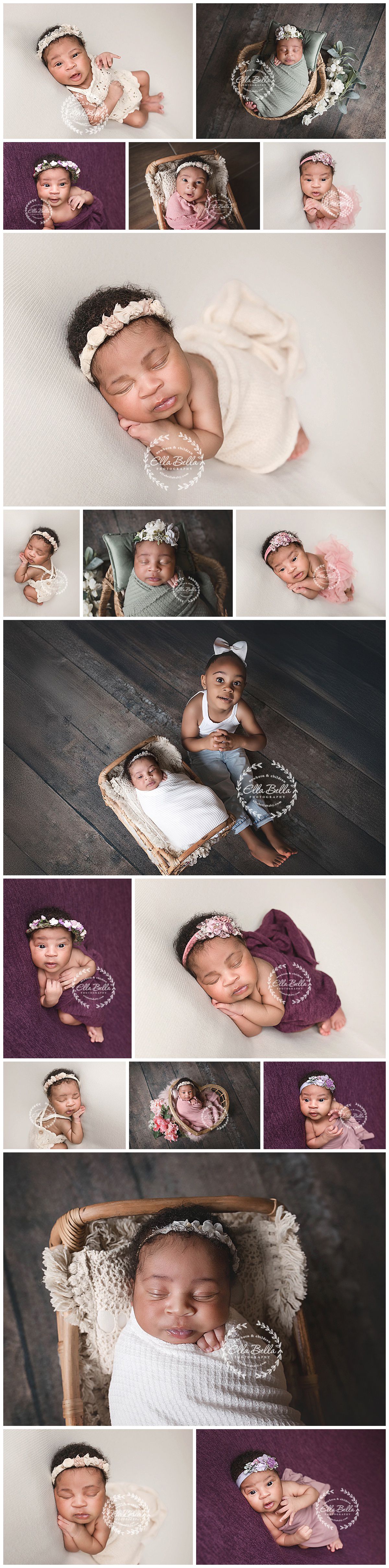 A collection of professional newborn portraits featuring delicate poses, soft fabrics, floral headbands and dreamy lighting styles.