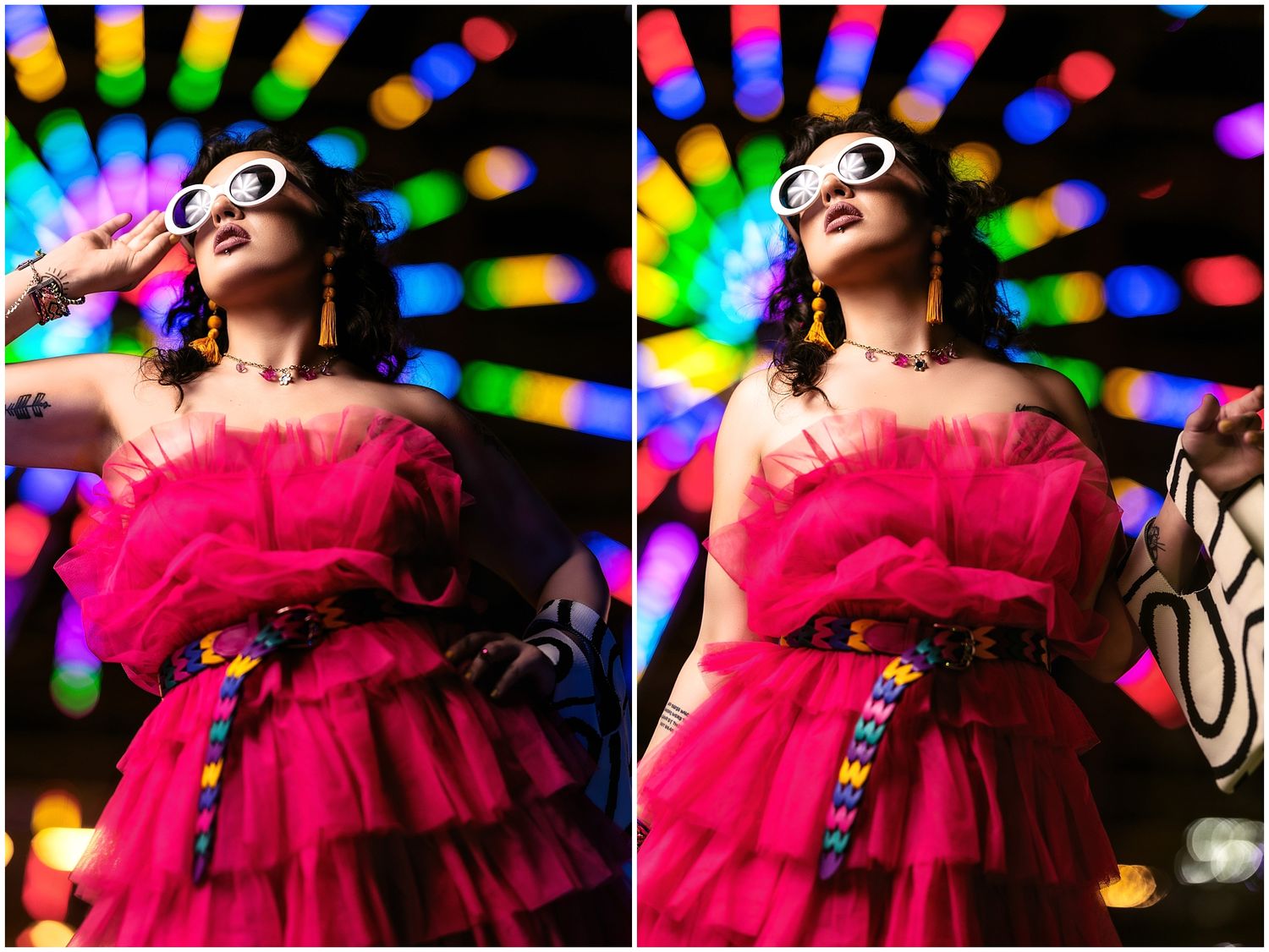 Vibrant party scene with neon rainbow lights and a person wearing a dramatic hot pink ruffled tulle dress against colorful bokeh.