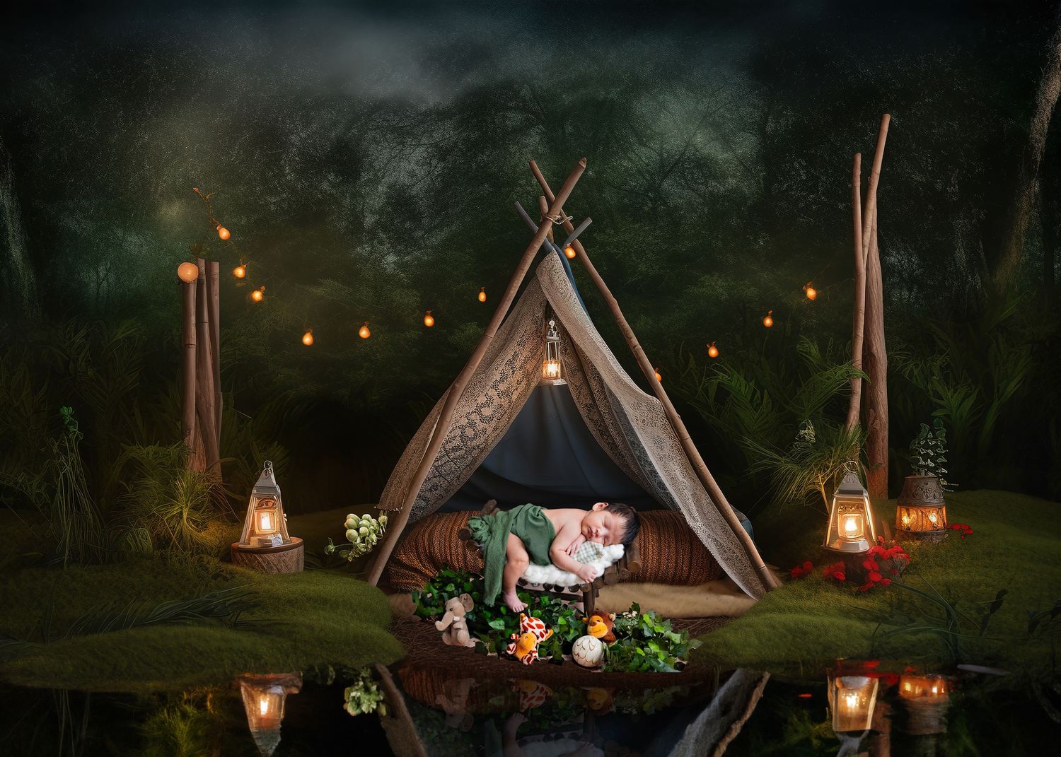 Whimsical outdoor tent camping scene with string lights, lanterns and floral decorations in a mystical forest setting. Newborn photographer